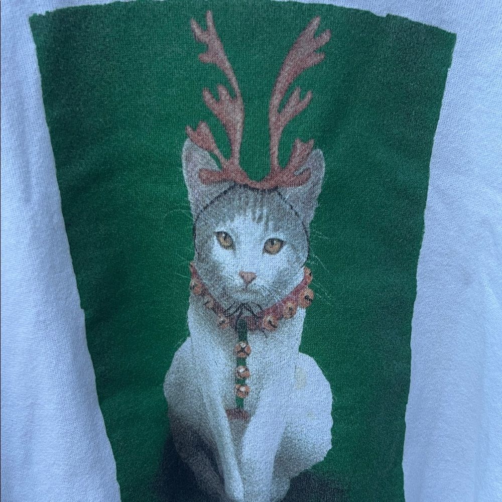 Vintage 90s Will Bullas White Christmas Cat Antlers Graphic Sweatshirt Pullover - Picture 12 of 13